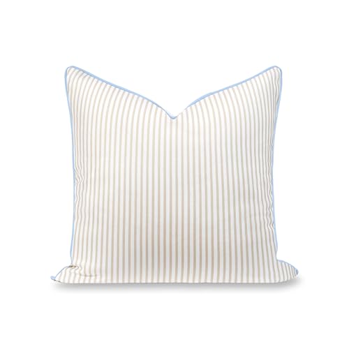 Hofdeco Premium Coastal Hampton Patio Indoor Outdoor Throw Pillow Cover Only 20x20 Water Repellent for Backyard Couch Poolside Neutral Tan Blue Print Stripes