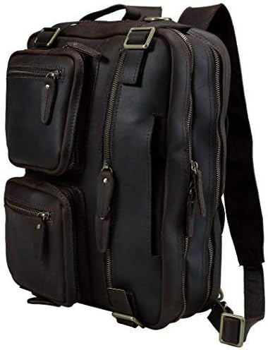 Iswee Convertible Leather Backpack 14โ 16โ Laptop Briefcase Messenger Bag Travel Rucksack (Large Size-Fit 16" Laptop, Dark Brown-NEW)