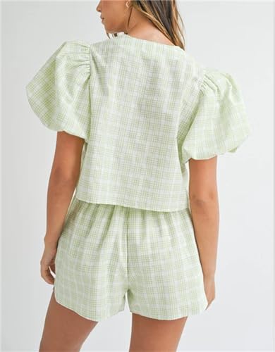 Image of Thopavenoir Women 2 Piece Casual Lounge Sets Y2k Puff Sleeve Peplum Shirt Tie Front Tee Shirt Shorts 2pcs Pajamas Sets