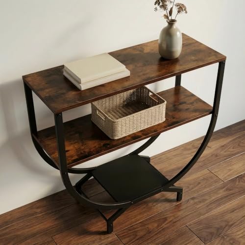 Image of Modern Console Table for Entryway, Brown Wood Finish Top with Black Metal Frame | Narrow Console Table with Storage Shelf | Wooden MDF Console Tables for Living Room, Bedroom & Home Decor | DIY