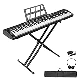LEADZM Pianoforte Digitale Semi-Pesato a 88 Tasti, Tastiera Full Size, Tastiera Elettronica con Supporto a Forma di X a Doppio Tubo, Bluetooth MIDI, Leggio, Pedale Sustain, Cuffie (Nero, + Supporto)