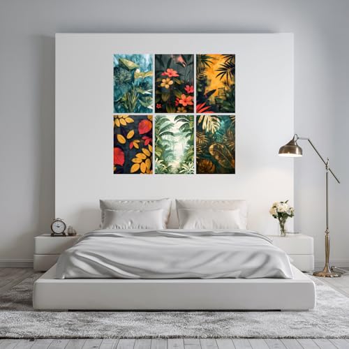 Image of SiddArtify Tropical Botanical Art Prints Set - Teal - Gold - Coral Leaves - Flowers - Sticker - 8x12 Inch - Pack of 6 Wall Room Decoration art Poster Prints