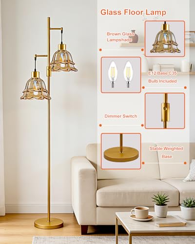 Image of 2-Light Modern Glass Floor Lamp, Gold Tall Standing Lamp with Amber Tulip Glass Shade for Reading, Dimmable LED Floor Lamp with Rotary Switch for Living Room Bedroom Home Decor, Bulb Included