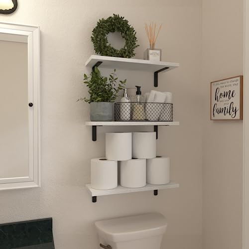 Image of WOPITUES Floating Shelves Set of 6 for Wall Decor & Storage, White | Wood Farmhouse Book Shelves for Bedroom, Bathroom, Living Room, Kitchen, Office, Laundry Room, Study Room Display, 16.5''