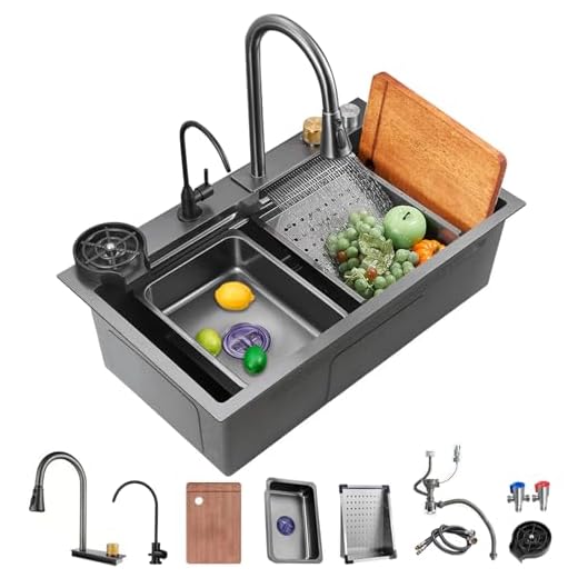Black Nano Kitchen Sink 304 Stainless Steel Waterfall Sink Single Bowl Workstation Kitchen Sink With Multifunctional Top Loading Flying Rain pull-out faucet （Black，31.5x17.7x8.3 inch）