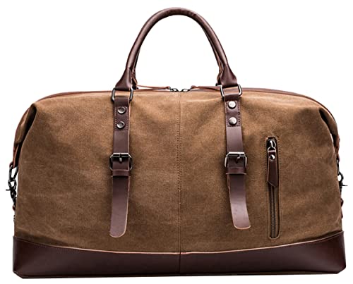 IBLUE Oversized Canvas Leather Trim Travel Tote Duffel Shoulder Weekend Bag Weekender Overnight Carryon Handbag Durable Bag,#B003 (Coffee)