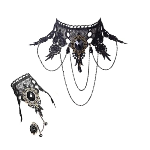 KEQAR 2 peças máscaras com gargantilha de borlas, braceletes de renda, luvas sem dedos, acessórios vampiro e fantasias de Halloween para mulheres e meninas (preto)