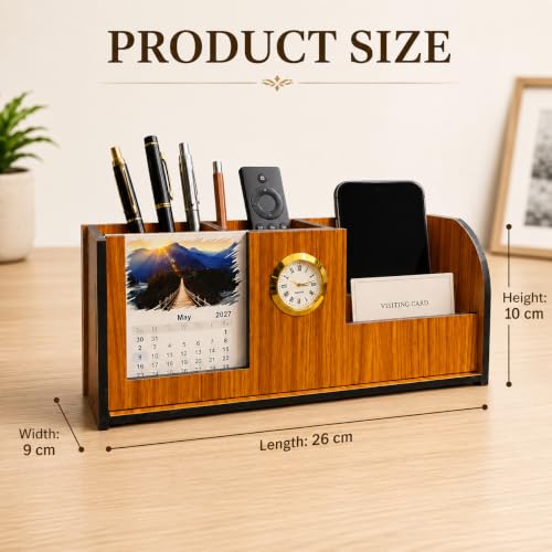 Image of Zesta Wooden Desk Organizer Pen Stand Remote Holder Card Slot | Table Accessory Office Desk Study Room | Pencil Storage Stand Stylish Workspace Decor (Nainteek, Executive)