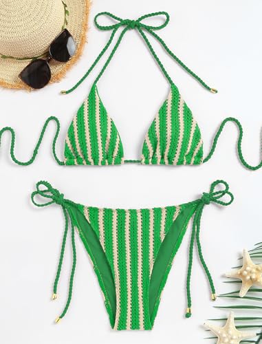 Image of ZAFUL 2 Piece Triangle Bikini for Women Knitted Rope Halter Bikini Sets Sexy Bathing Suit Side Tie Swimsuits Beachwear