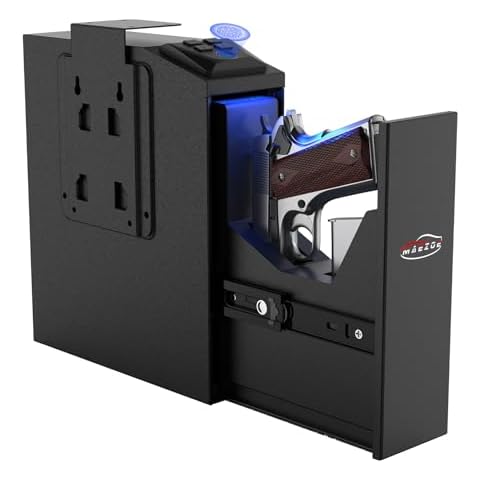 MAEZOE Gun Safe Biometric Pistol Safe with Quick Access Sliding Door, Mounted Nightstand Fireproof Handgun Safe & Gun Lock Box for Truck, Desk, Bedside, Wall with Fingerprint, PIN Code, KEY Access Cover