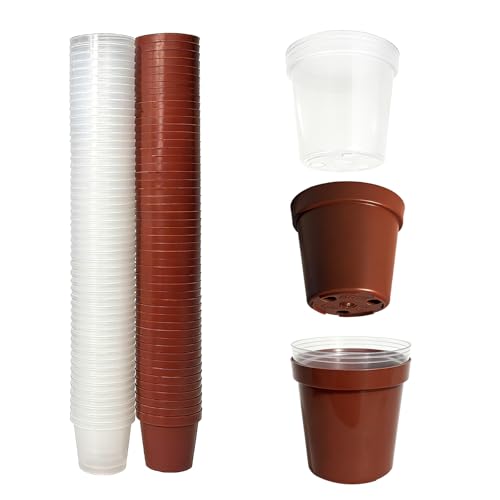 Gyfofix 100 Pack 2 Inch Round Nursery Pots 50 Clear and 50 Red Seedling Starter Pots Plastic Plant Pots with Drainage Holes for Seed Germination Root View and Light Blocking