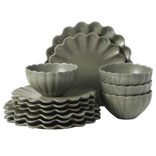 Image of Gibson Elite Bistro Fleur Plates and Bowls Sets, 12-Piece Stoneware Dinnerware Set for 4, Matte Green Scalloped Dish Set with Dinner Plates, Salad Plates & Bowls