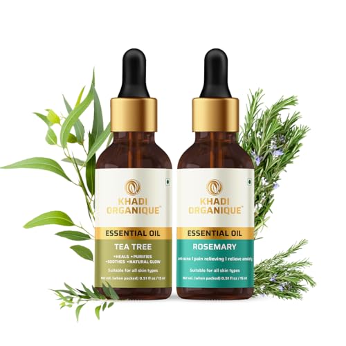 Image of Khadi Organique Rosemary Essential Oil & Tea Tree Essential Oil Combo For Potential Hair Growth, Hair Fall Control & Reduce Dark Spots | Therapeutic Grade Essential Oils for all Skin Types - 2x15ml