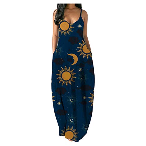 GCETTIC Dresses for Women,Casual Women s Sun Moon Printed Long Maxi Dress Sleeveless Summer Party Dress Dark Blue