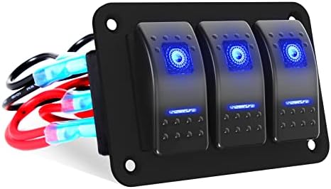Toggle Switch Panel 3 Gang Aluminum Switch, 12V/24V Rocker Switch Panel, Waterproof On-Off Car Boat Switch, Blue LED Switch Panel for Marine Boat Automotive Car RV Truck Vehicles