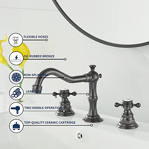 GGStudy 2 Handles 3 Holes Faucet Widespread Bathroom Sink Faucet Oil Rubbed Bronze Basin Tap Mixer Supply Hose Included Matching Pop Up Drain