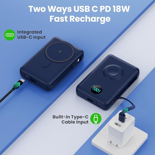 Image of 6 in 1 Magnetic Portable Charger for iPhone with Built-in Cables, 10800mAh 25W PD Fast Charging Power Bank, 6 Outputs Travel Essential Battery Pack for iPhone 17 /16 /15 /14 /13 /12,Apple Watch (Blue)