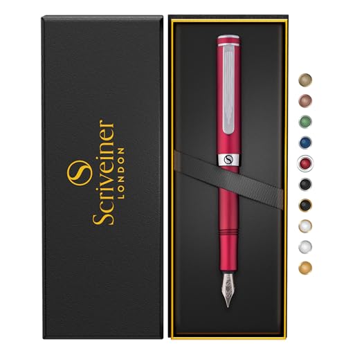 Scriveiner 高級EDC万年筆(細字)、素敵なマットレッドのポケットペン、クローム仕上げ、シュミット社製ペン先、コンバーター、最高の筆記具ギフトセット、男性&女性用、素敵な オフィス デザイナー pen