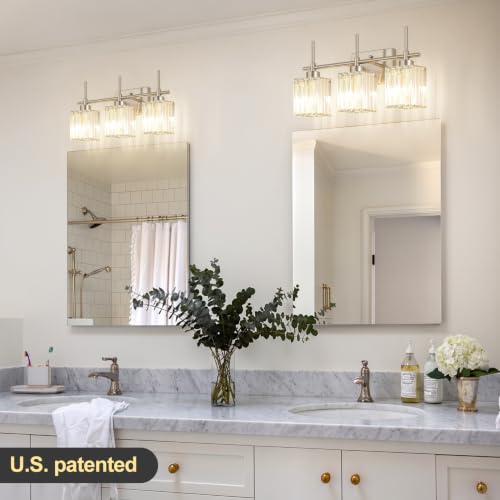 Image of Torondo Modern Crystal Bathroom Vanity Light 3-Light Brushed Nickel Bathroom Light Fixtures Over Mirror Vanity Lighting Fixtures Square Shade Wall Sconce (Bulbs Not Include)