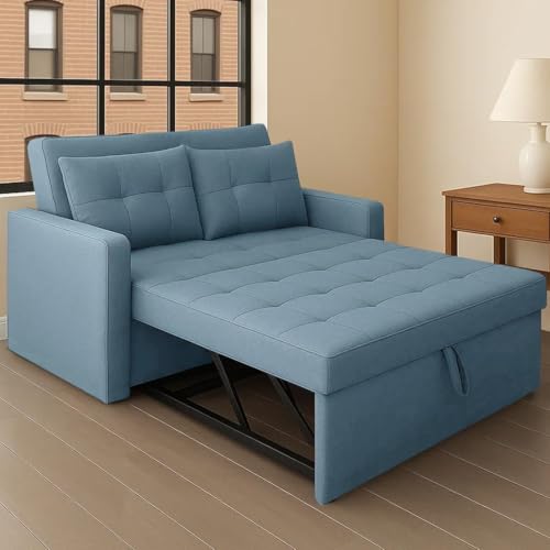 Image of CASASTYLE Trissa 2 Seater Pull-Out Premium Fabric Sofa Cum Bed Sofa Set for Living Room (Sky Blue Fabric-Color)