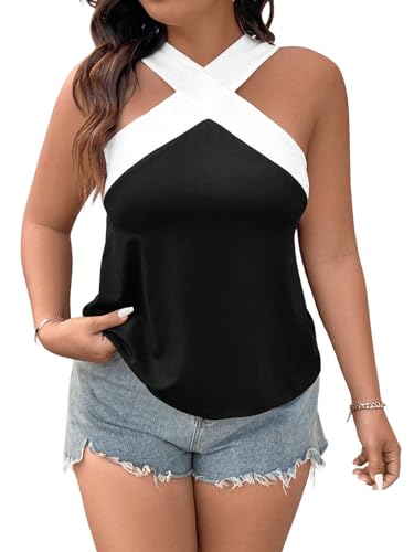 Floerns Women's Plus Size Criss Cross Tank Colorblock Sleeveless Halter Tops