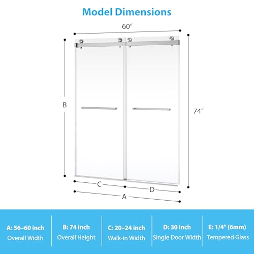 Image of Garvee Frameless Double Sliding Shower Door, Adjustable 56-60 inch W x 74 inch H, 6mm Tempered Glass with Square Stainless Steel Track, Brushed Nickel Finish for Bathroom Enclosure