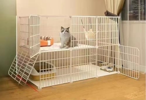 猫 2段 安い 折りたたみ キャット ワイド扉 猫用多頭飼い 脱走防止 猫ハウス 組み替え自由 おしゃれ 猫 ペット猫ゲージ ネコドア キャットハウス 留守番 保護 (ホワイト,109*47*72cm)