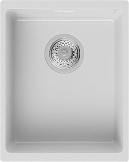 PRIMAGRAN Évier de Cuisine Sous Plan Blanc, 36 x 45 cm, Lavabo en Granit 1 bac + Siphon Classique, 5 Couleurs et Option Antibactérienne au Choix