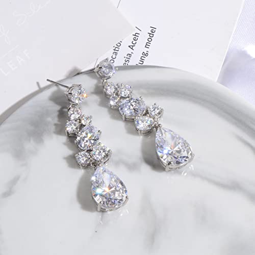 Bridal Earrings for Wedding - 14k Plated Elegant Teardrop CZ Cubic Zirconia Crystal Rhinestone Sterling Silver Floarl Leaf Cluster Chandelier Statement Dangle Drop Earrings for Bride Bridesmaids4