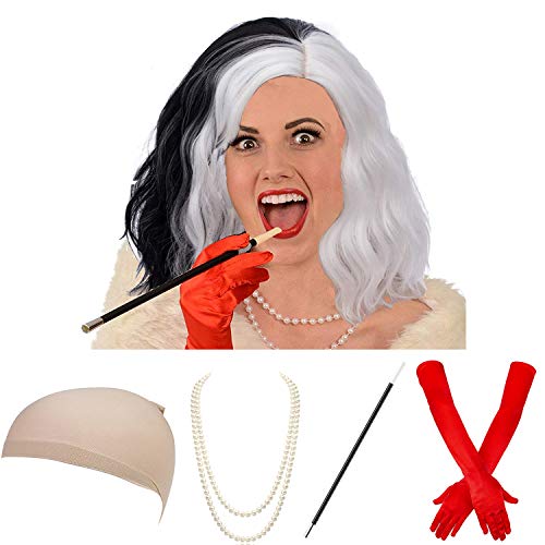 Ms. Spot Wig,Women's Dalmatian Diva Cruella Dalmatians Dog Wig Costume Accessory Set,3
