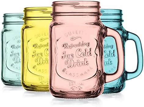 Glaver's Set Of 4 Mason Original Glasses Set Of 4, 15.25 oz. Color Mugs With Embossed Ice-Cold Logo, Mason Jar Mug With Handle, Assorted Colors