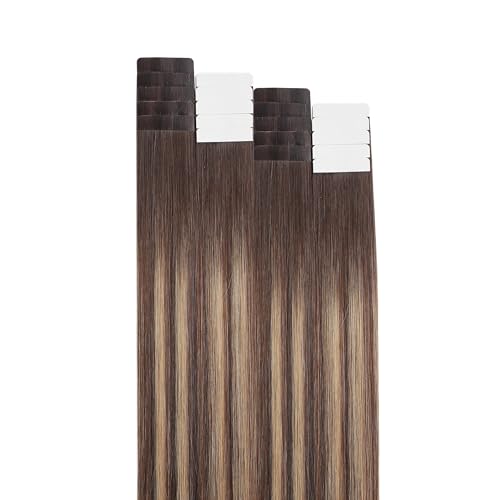 Image of Tape In Hair Extensions Human Hair Brown Balayage Caramel Blonde