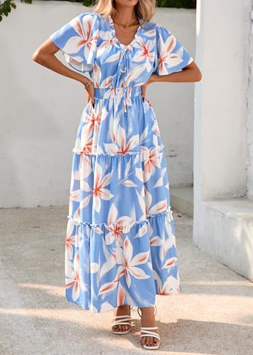 KIRUNDO Spring Summer Wedding Guest Dresses for Women 2026 Boho Floral Short Sleeve V Neck Ruffle Tiered Flowy Maxi Dress(Sky Blue, XX-Large) — view 5