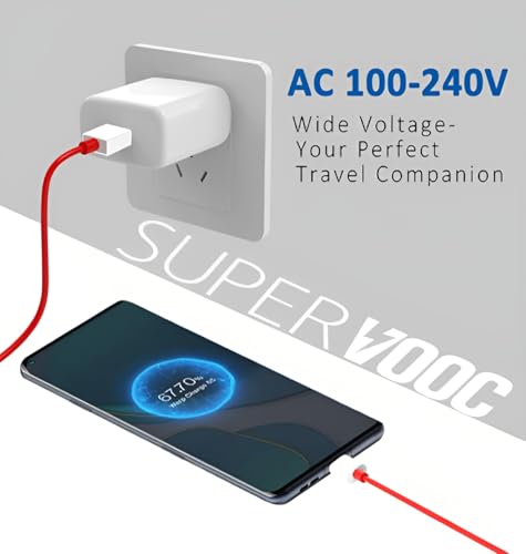 Image of Zybux 65W Supervooc USB Type C Charger Adapter with Red Cable Compatible with OnePlus 12R /11R /10 Pro /10T /10R /10 /9 Pro /9RT /8 Pro /8 /7 /6 /5 /Nord Ce 4 /Ce 3 /Ce 2 /Ce 2 Lite /Ce 3 Lite /Nord 4 /3 /2 /2T, White