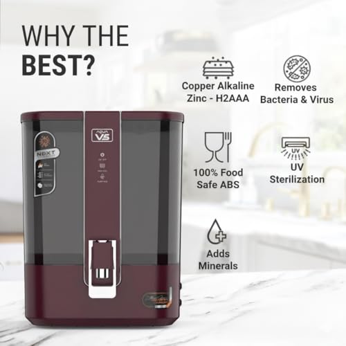 Image of Aqua V5 Zinc Copper Alkaline RO Water Purifier | 10 Liter Storage | RO + UV + UF + Zinc + Copper + Alkaline + TDS Control | 3000 TDS | Best For Home and Office (Mirror Black) (Blue)