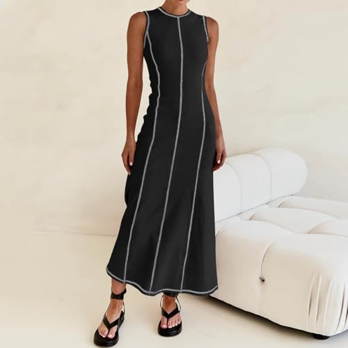 Women's Summer Sleeveless T Shirt Dress Contrast Stitch Ribbed Knit Tank Maxi Dresses Casual Beach Long Midi Dress2