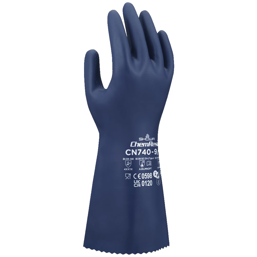 SHOWA CN740, Gant de protection chimique, avec une longueur de 320 mm et particules de flocage pour la gestion de l'humidité, finition à motif de vagues et durabilité accrue, Tailles S