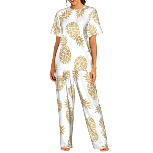 Pyjama 2 pièces femme ensemble manches courtes et pantalon ananas doré S-3XL