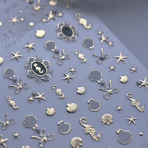 5D Gold Ocean Nail Art Sticker Summer Metallic Texture Nail Decals Shiny Golden Seahorses, Starfish, Shells Ocean Style Adorable Beach Sea Manicure for Women Girls (Golden sea)