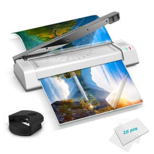 A3 Laminator, A4 Laminating Machine, 5 in 1 Thermal and Cold Laminator with Cutter, Corner Rounder, ABS Function, Laminator with 16pcs Laminating Sheets for Home Office School