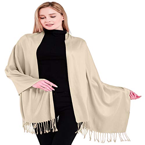 CJ Apparel Nude Champagne Solid Color Tassels Design Nepalese Shawl Seconds Scarf Wrap Stole Throw Head Wrap Pashmina Hand Made in Nepal New