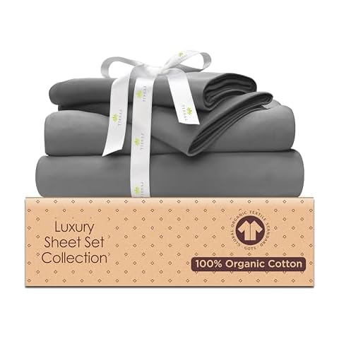 Tissaj Organic Cotton Sheets Queen Size – Smoke Grey – GOTS Certified – Durable Luxury Quality – Extra Deep Pockets & Secure Fit – Premium Bedding – Sateen Weave – with Carry Pouch – Set of 4 Cover
