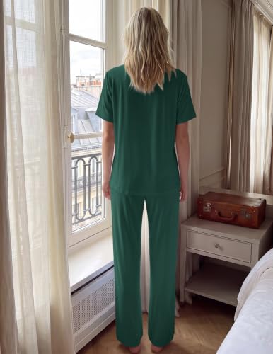 Image of HNG Women Pajamas Set 2 Piece Button Up Pajamas Pant and Short Sleeve Shirt for Woman Pj Sets with Pocket