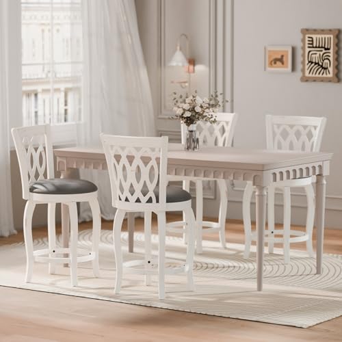 Butacos giratorios de barra MU de 24 pulgadas, juego de 4, estilo rústico, con asiento tapizado en cuero sintético y reposapiés de madera, para isla de cocina y pub, color blanco miniatura 7
