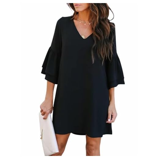 BELONGSCI Women's Dress Sweet & Cute V-Neck Bell Sleeve Shift Dress Mini Dress Black