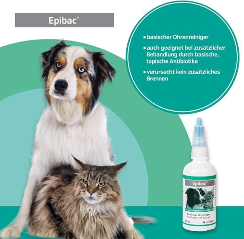 Alfavet Epibac, basischer, sehr milder Ohrreiniger für Hunde und Katzen mit Chlorhexidin und Tris-EDTA, 100ml