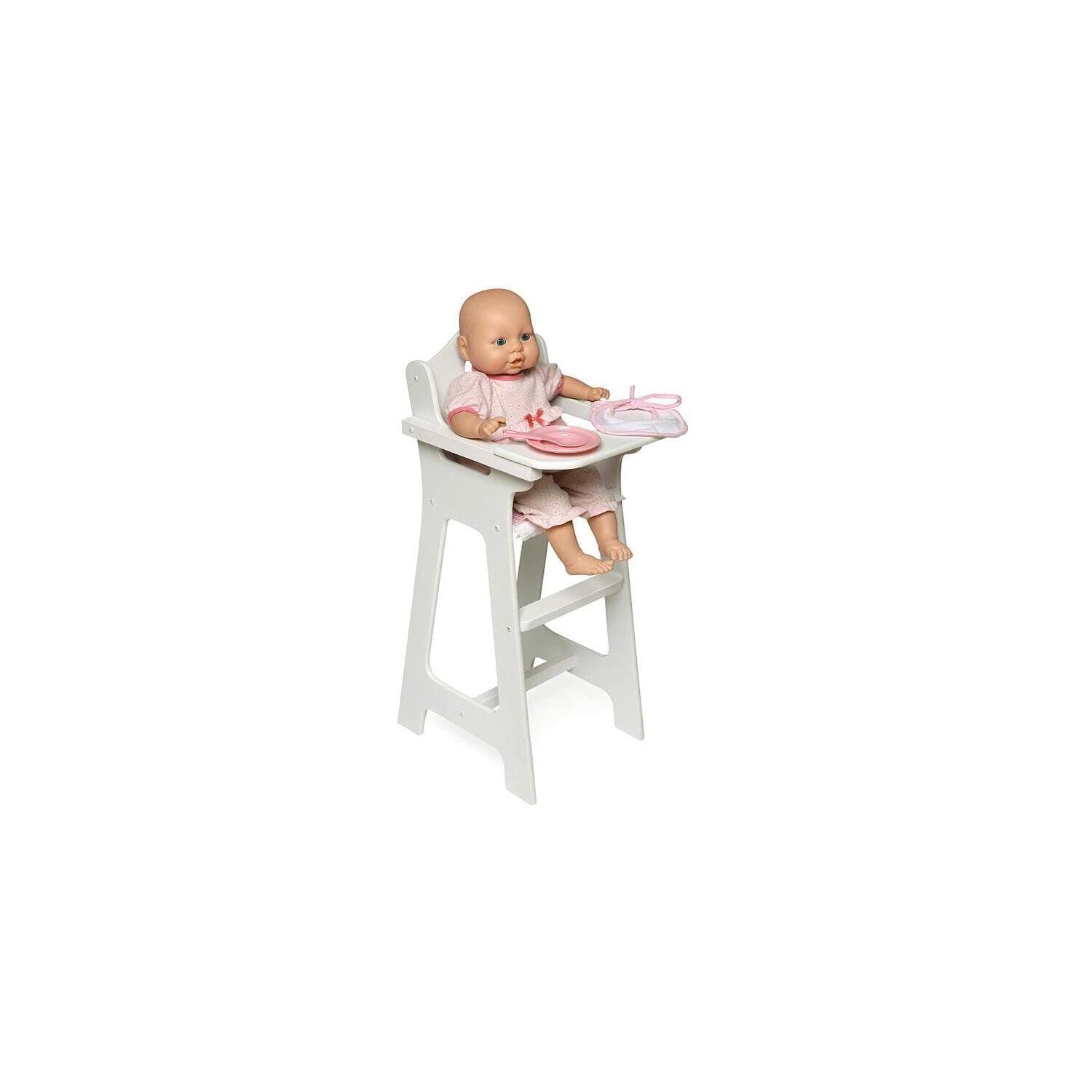 Maykoosh Doll High Chair with Accessories and Personalization Kit White, Includes Plate, Bib, Spoon, Lift and Lower Tray, Scalloped Back, and Footrest for 18-inch Dolls