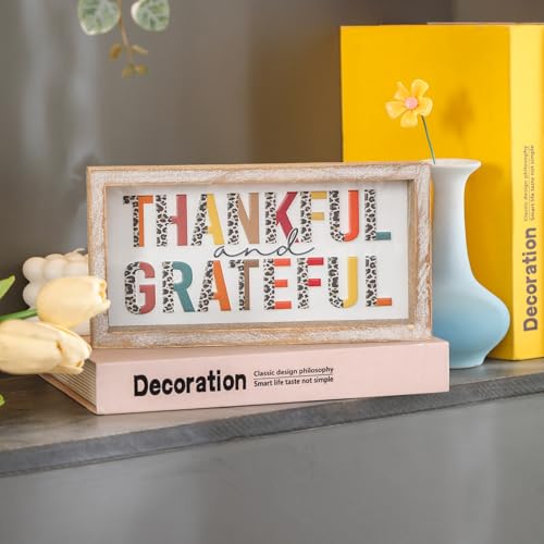 Image of Embossed Thankful and Grateful Sign, Thanksgiving Decorations for Table Cubicle Desk Mantel Fireplace, Vintage Thanksgiving Home Decor Leopard Print Wooden Sign