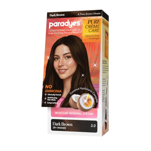 Paradyes Pure Crème Care No Ammonia Hair Color Dark Brown 3.0 | Long-Lasting Crème Formula | Grey Coverage | Coconut Milk + Almond Oil + Hyaluronic Complex | Smooth & Shiny Finish | 60g + 10 ml