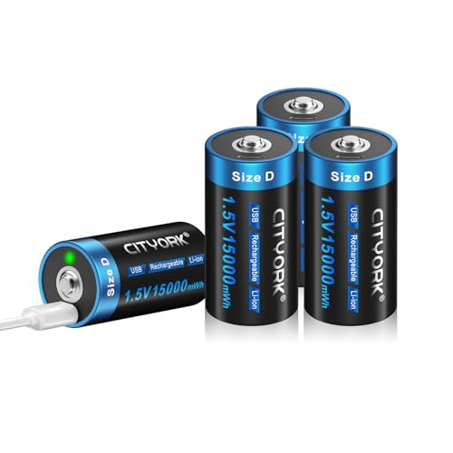 CITYORK 1.5V 15000mAh USB Rechargeable D Lithium Batteries, Constant Output D Cell Li-ion Batteries 4 Pack, Fast Charging (Include 4 Pcs USB Charging Cable)